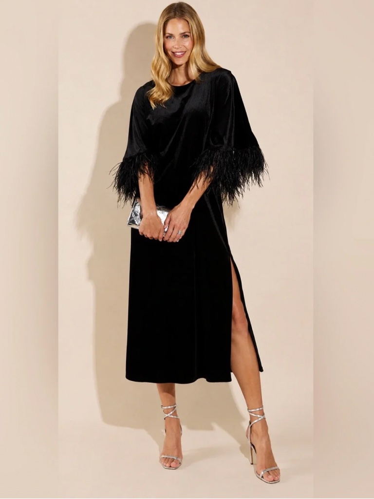 Nwt Jude Connally Royce Black Stretch Velvet Feather Midi Caftan Dress Sz L